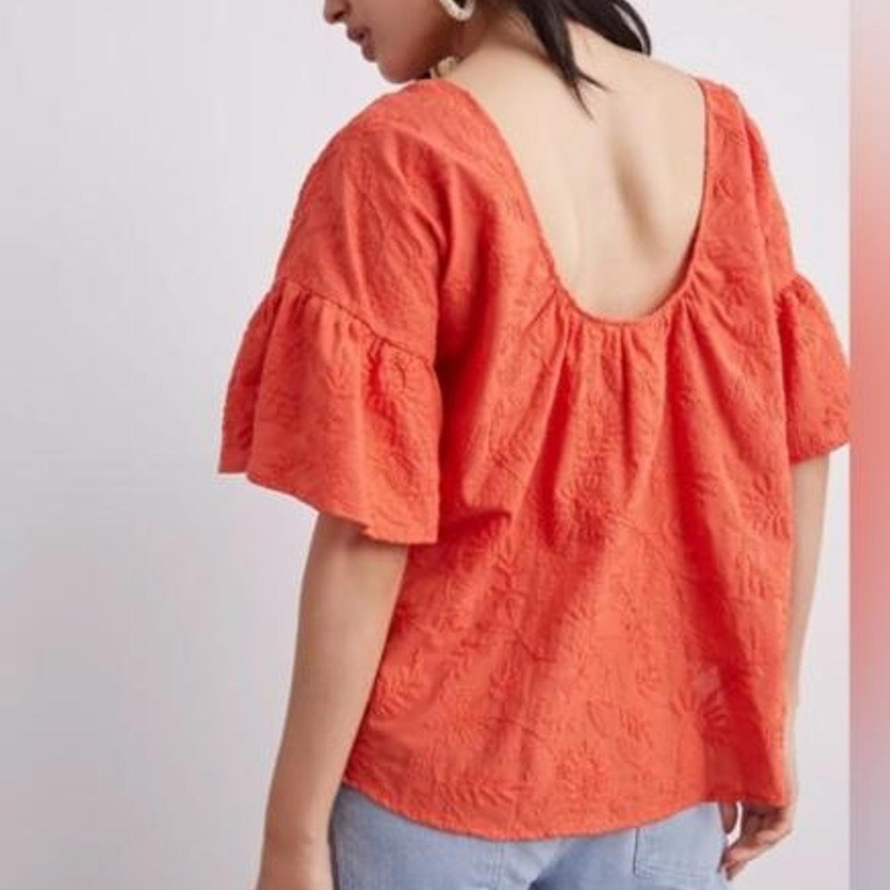 Anthropologie Rory Embroidered Blouse 🧡 Beautiful coral-orange cotton blouse